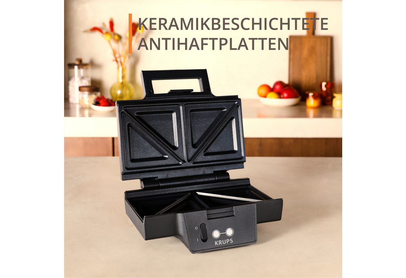Krups Sandwichmaker Iconic 3-Eckform mit elegantem Design, Keramik-Antihaftbeschichtung, 850 W, extra-tiefe Platten, Maße: 23,1 x 26,5 x 10,8 cm, FDK461 – Bild 4 von 5