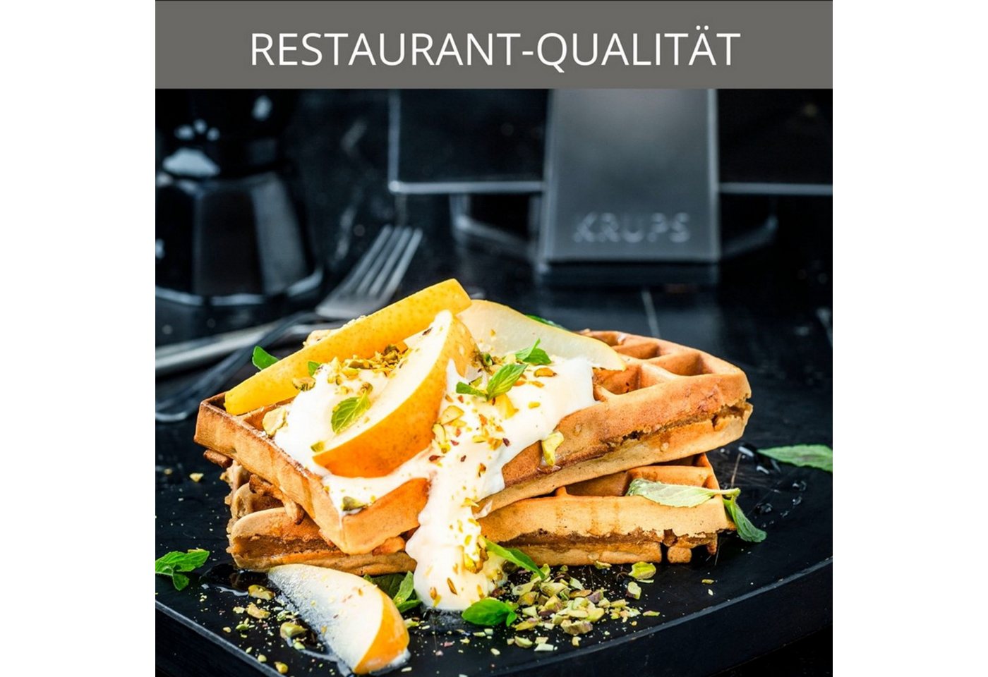 Krups Waffeleisen Professional, für 2 dicke Waffeln, spülmaschinengeeignete Platten, 1200 W, 7 Bräunungsstufen und Vorheizfunkion, drehbar, Auffangschale, FDD95 – Bild 2 von 5