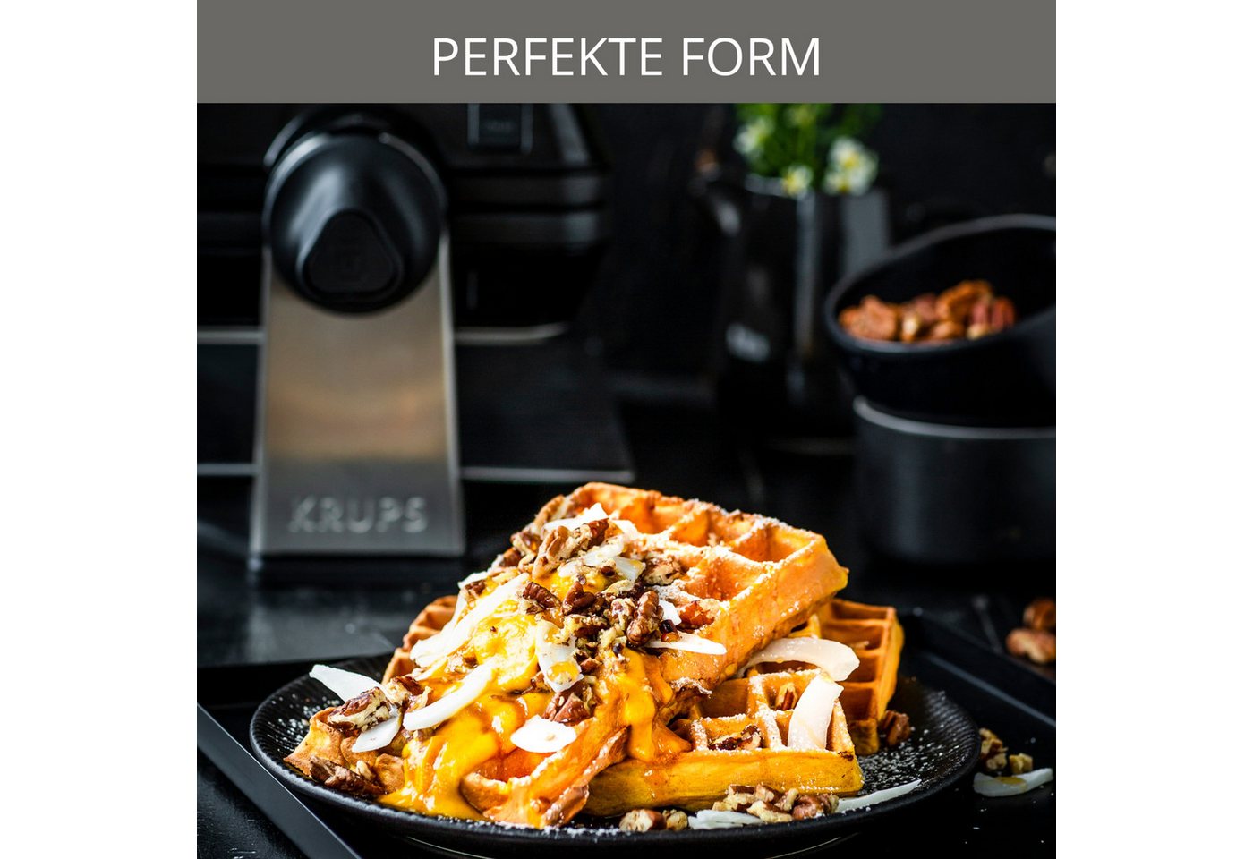 Krups Waffeleisen Professional, für 2 dicke Waffeln, spülmaschinengeeignete Platten, 1200 W, 7 Bräunungsstufen und Vorheizfunkion, drehbar, Auffangschale, FDD95 – Bild 3 von 5
