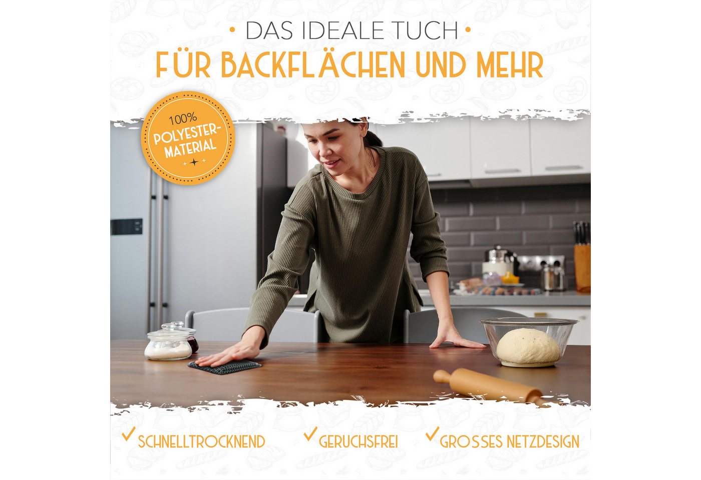 Krustenzauber Backmatte Zubehör - Brotschlingen, Schneebesen, Backmatte, Teig Reinigungstücher, 2x Teigreinigungstuch – Bild 2 von 5