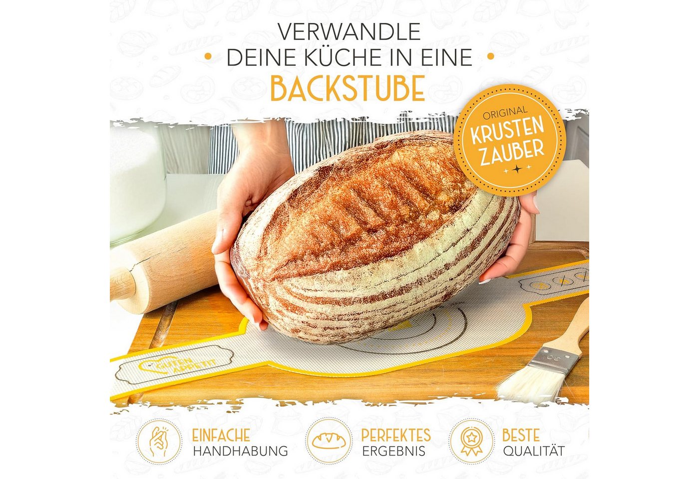Krustenzauber Backmatte Zubehör - Brotschlingen, Schneebesen, Backmatte, Teig Reinigungstücher, 1x Brotschlinge Rund – Bild 3 von 5
