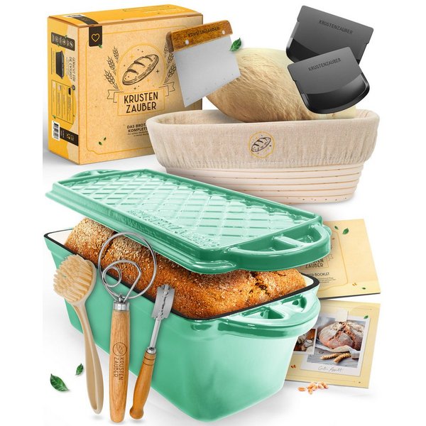 Krustenzauber Brotbackform Emaille Brotbackform 28cm mit Deckel im Komplettset, Kastenform Brot