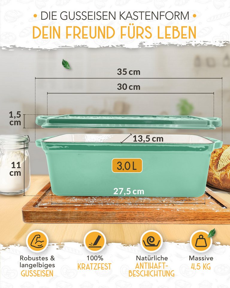 Krustenzauber Brotbackform Emaille Brotbackform 28cm mit Deckel im Komplettset, Kastenform Brot – Bild 3 von 5