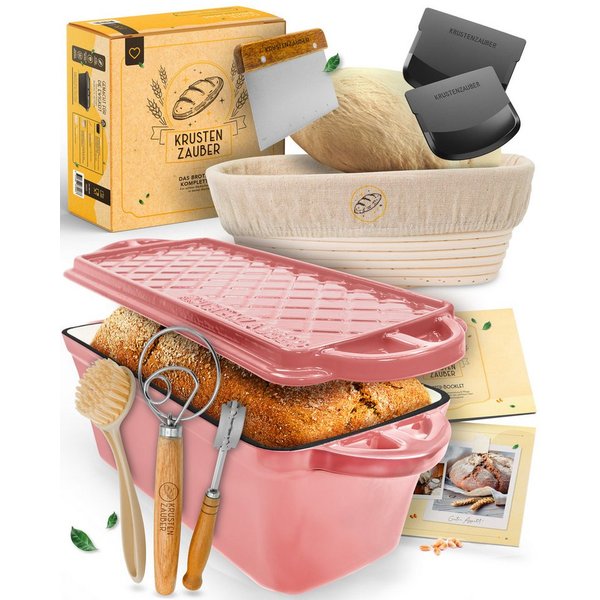 Krustenzauber Brotbackform Emaille Brotbackform 28cm mit Deckel im Komplettset, Kastenform Brot