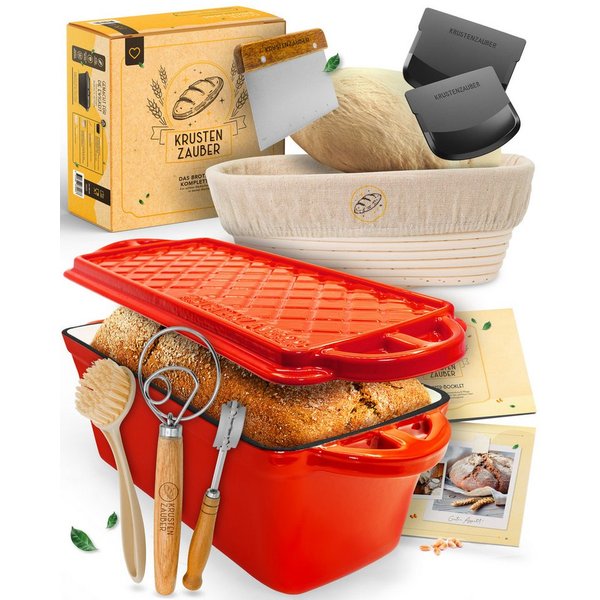 Krustenzauber Brotbackform Emaille Brotbackform 28cm mit Deckel im Komplettset, Kastenform Brot