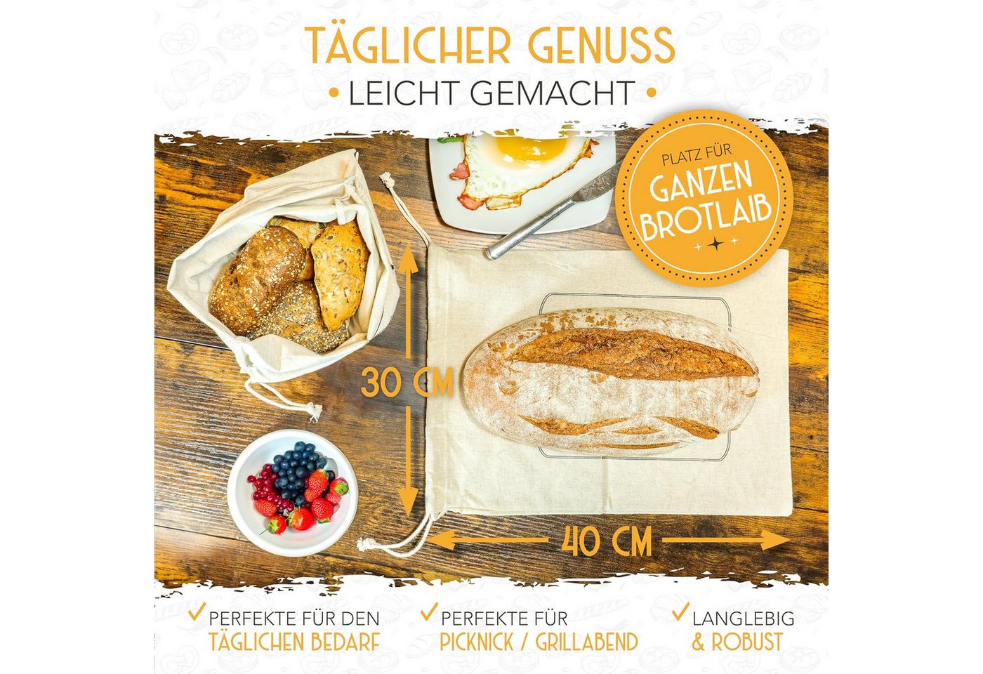 Krustenzauber Brottasche Leinen Brotbeutel im 2er oder 3er Set zur Brotaufbewahrung, (2-tlg) – Bild 4 von 5