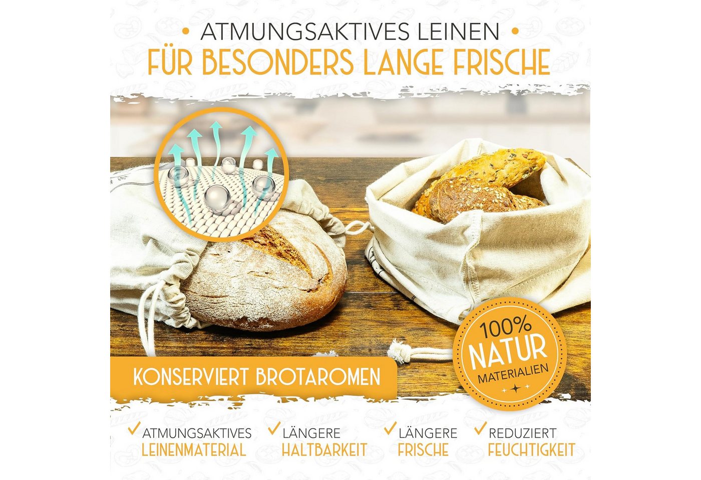 Krustenzauber Brottasche Leinen Brotbeutel im 2er oder 3er Set zur Brotaufbewahrung, (2-tlg) – Bild 5 von 5