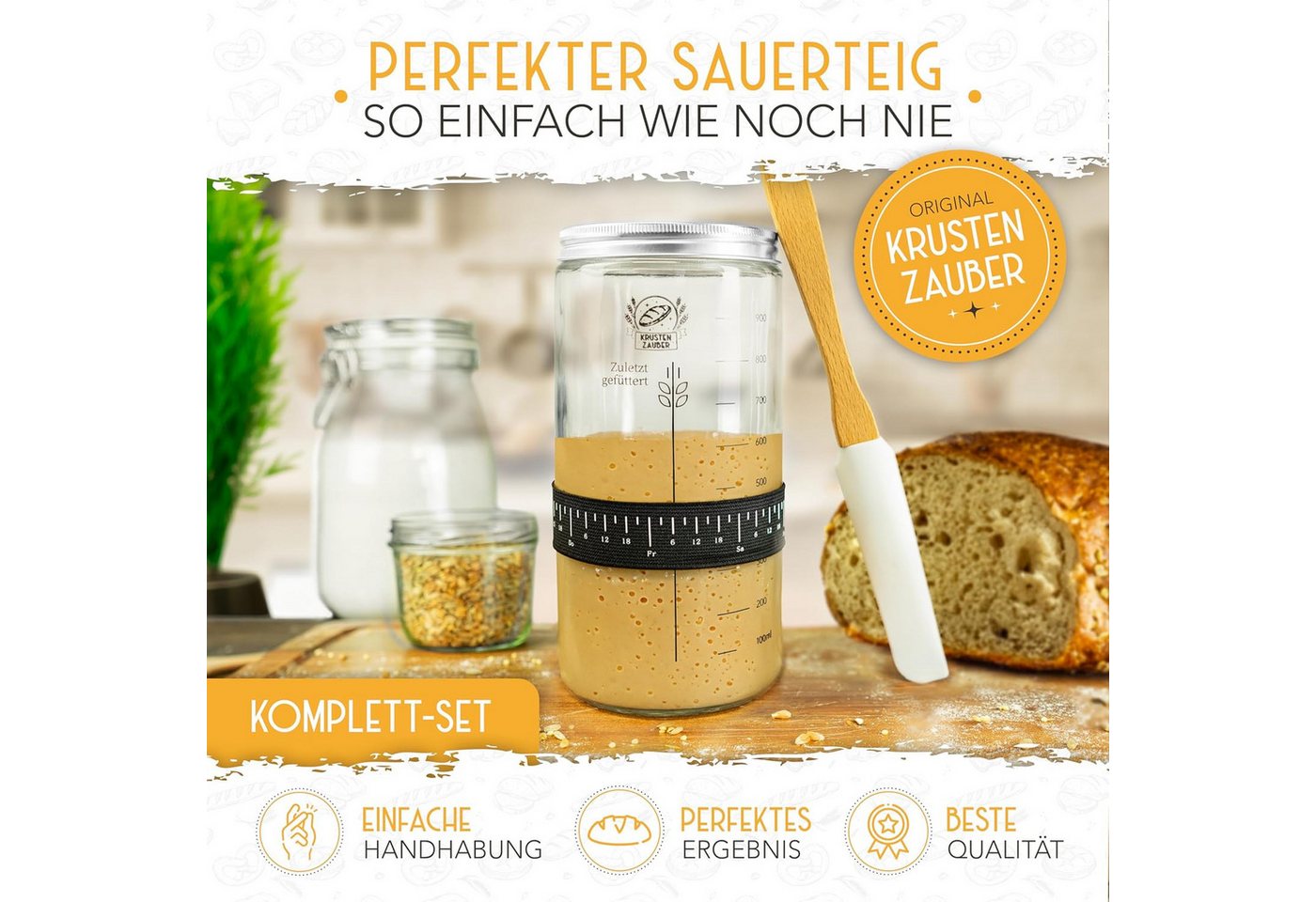 Krustenzauber Fermentationsglas Brotbackform Sauerteig Starter Set - Gärglas mit Spatel u. Thermometer, (2-tlg) – Bild 2 von 5