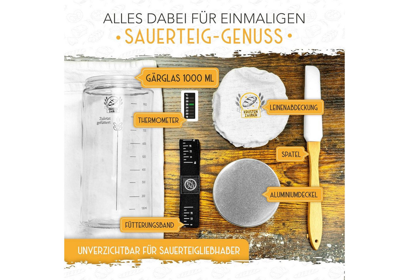 Krustenzauber Fermentationsglas Brotbackform Sauerteig Starter Set - Gärglas mit Spatel u. Thermometer, (2-tlg) – Bild 3 von 5