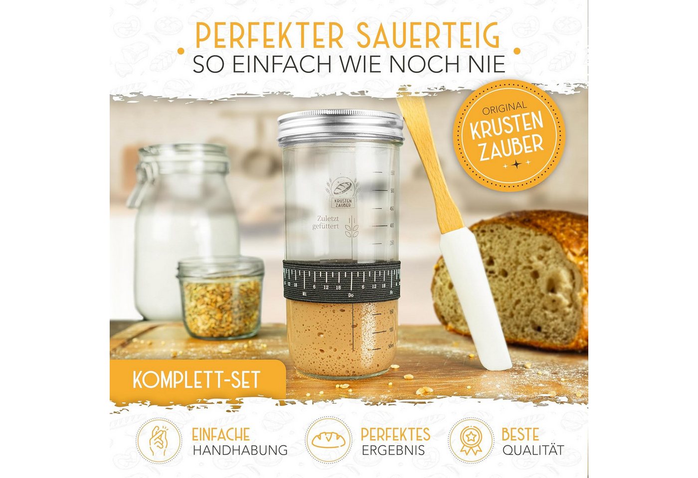 Krustenzauber Fermentationsglas Brotbackform Sauerteig Starter Set - Gärglas mit Spatel u. Thermometer, (1-tlg) – Bild 2 von 5
