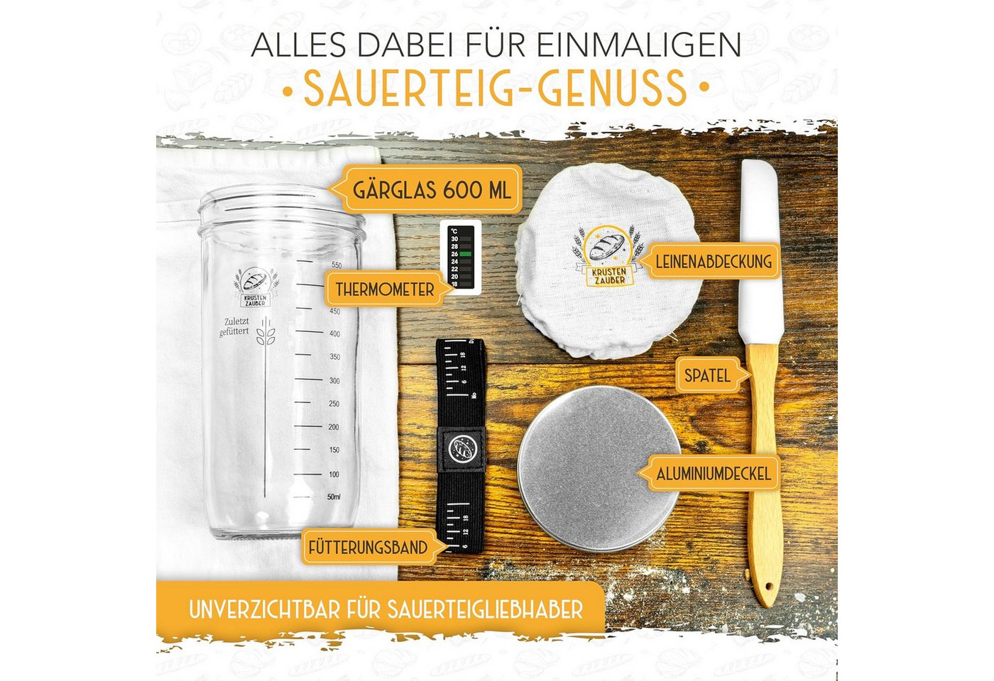 Krustenzauber Fermentationsglas Brotbackform Sauerteig Starter Set - Gärglas mit Spatel u. Thermometer, (1-tlg) – Bild 3 von 5