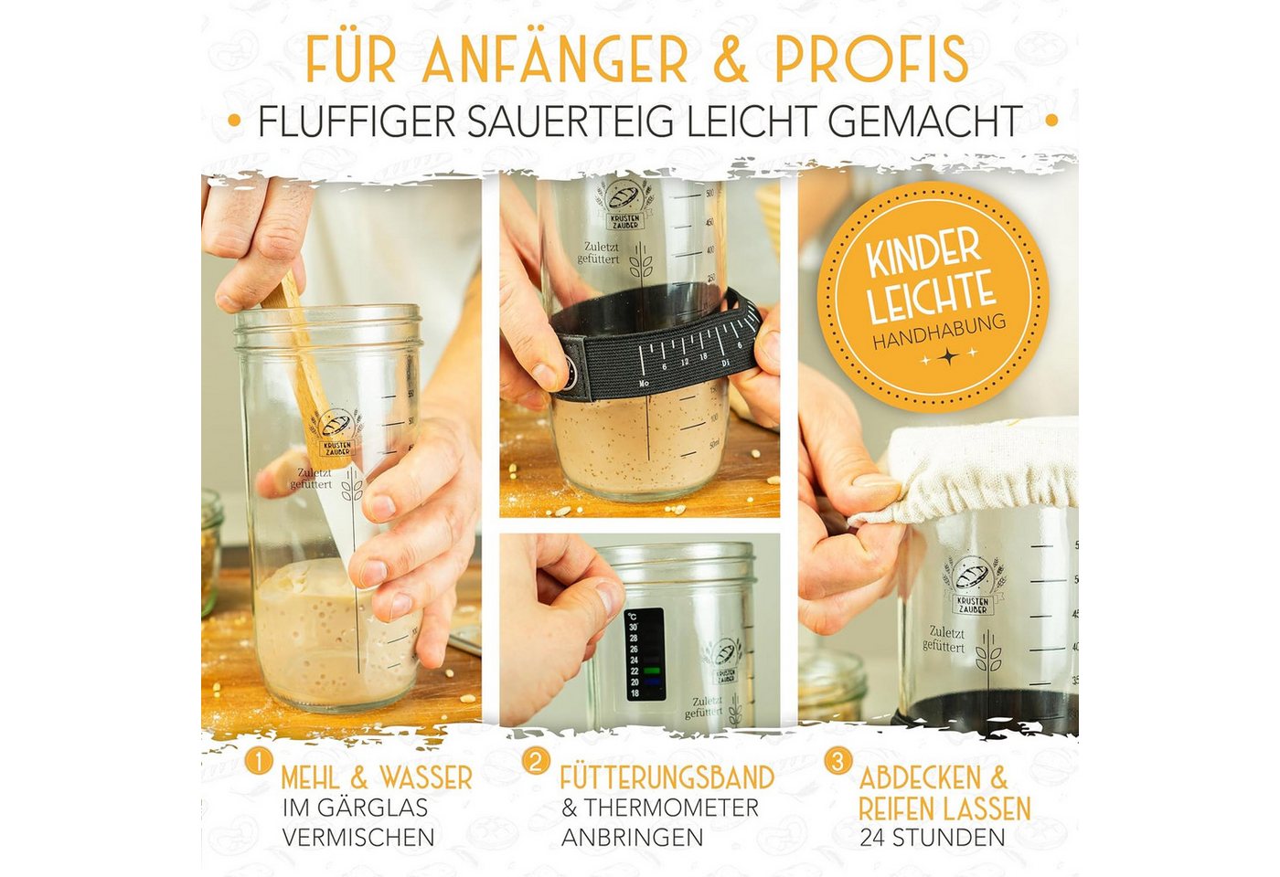 Krustenzauber Fermentationsglas Brotbackform Sauerteig Starter Set - Gärglas mit Spatel u. Thermometer, (1-tlg) – Bild 4 von 5