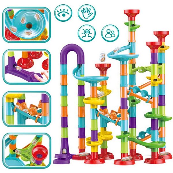 KRUZZEL Kugelbahn 3D Kugelbahn Rutsche Set Kinder Bauspielzeug 113 Elemente 30 Bälle, (Kinder Konstruktionsspielzeug Kugelbahn 3D Lernspiel Set, 143-tlg., Inter