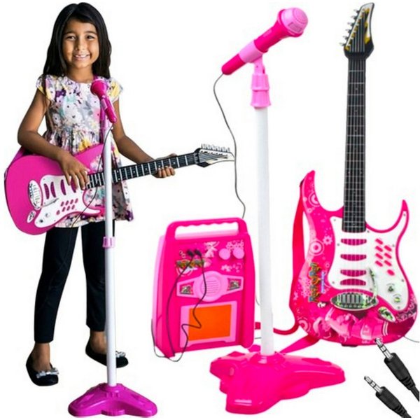 KRUZZEL Spiel-Gitarre Kinder E-Gitarre Set Rosa mit Verstärker Mikrofon MP3 LED-Lichter, (Kinder Musikspielzeug Set mit Gitarre Verstärker Mikrofon für Rollensp