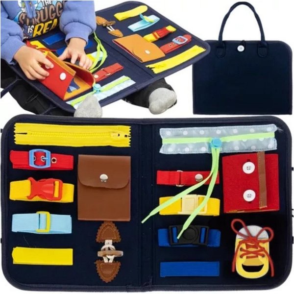 KRUZZEL Tafel Motorikbrett Filztasche, (Spar-Set, 1-tlg., 28 x 33 x 2 cm faltbar), 14 Manipulationselemente, faltbar, Filz, für unterwegs