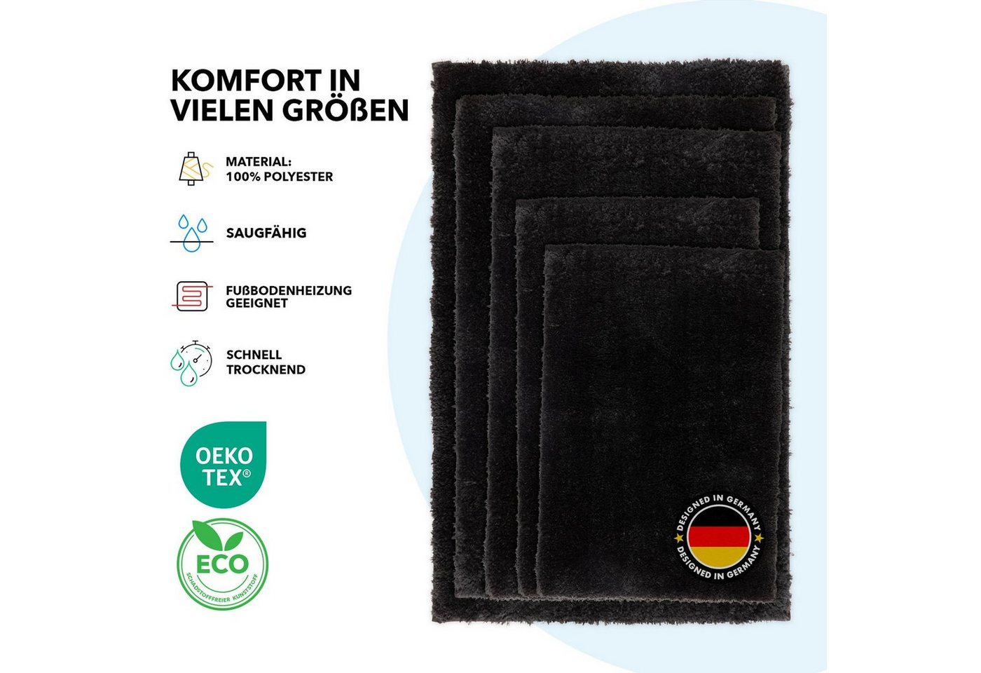 Kubus Badematte Karat Rechteckig, Badteppich, Extrem weicher & dichter Hochflor, Höhe 30 mm, rutschhemmende Latexbeschichtung, Polyester, Polyester, Waschmaschi – Bild 5 von 5