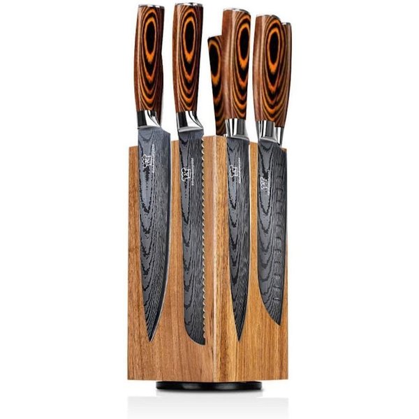 Küchenkompane Messer-Set Profi Pakkaholz mit drehbarem Magnet-Messerblock Tsuisuto (2-tlg), Magnetischer Messerblock Akazienholz,360° drehbar,8 Edelstahlmesser