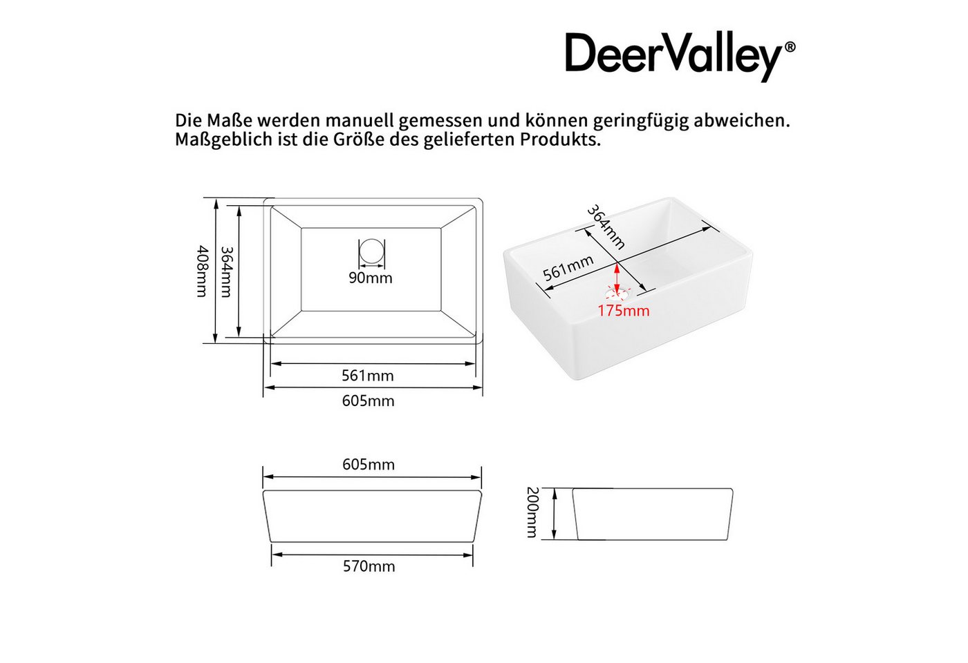 DeerValley Küchenspüle DeerValley Küchenspüle, 408/605 cm, Hochtemperaturgebrannte Keramik, extrem widerstandsfähig und langlebig, (Komplettset, Spüle mit Edels – Bild 5 von 5