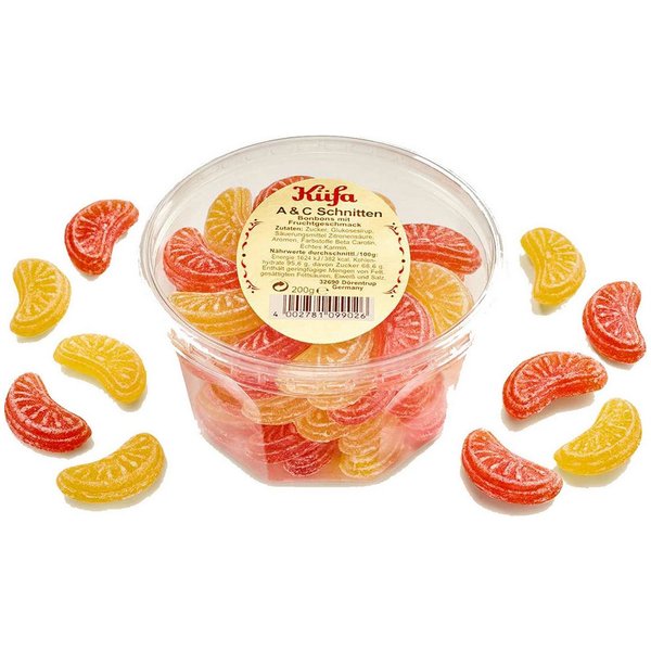 KUEFA Süßigkeit, Küfa A und C Schnitten Fruchtbonbons mit Orange und Zitrone 200g
