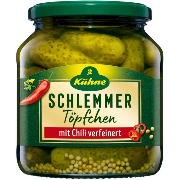 Kühne Gemüsekonserve, Kühne Schlemmertöpfchen scharfe Gürkchen mit Chili verfeinert 580ml