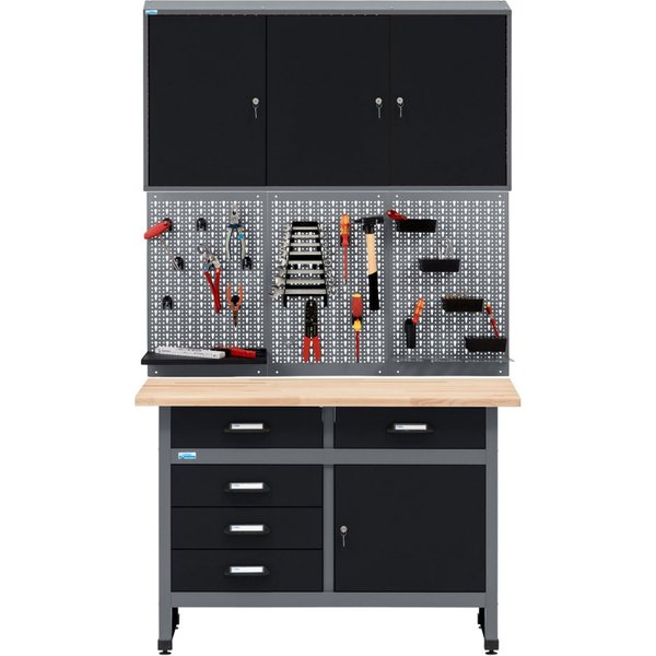 KÜPPER Werkstatt-Set 70424, 120 cm breit, Werkbank, Hängeschrank, Lochwand, (Spar-Set), 30 mm massive Buchenarbeitsplatte