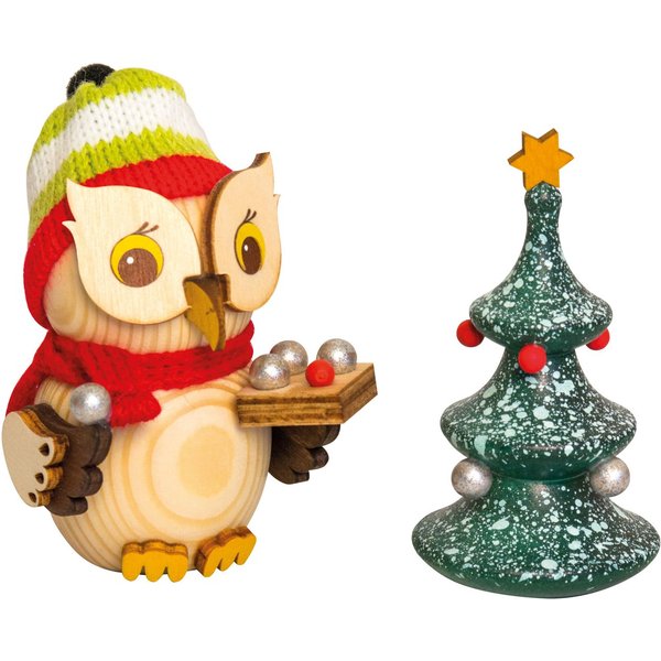 Kuhnert Dekofigur Mini-Eule mit Weihnachtsbaum - aus Holz gefertigt - ca. 7 cm groß, Dekoration für jeden Raum - erzgebirgische Holzkunst - Made in Germany