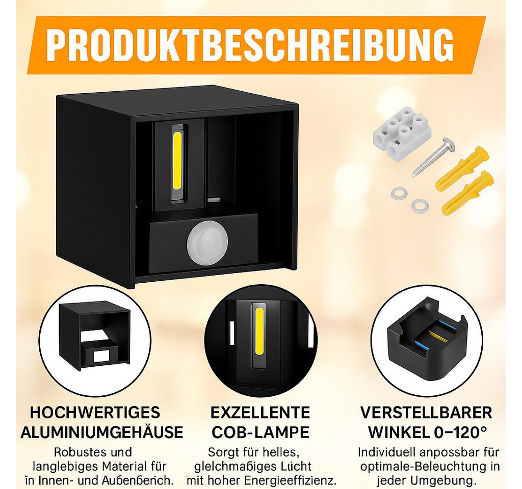 KUKAK LED Außen-Wandleuchte, LED fest integriert, Warmweiß, einstellbarer Lichtstrahl, Bewegungsmelder, 4000K – Bild 2 von 5