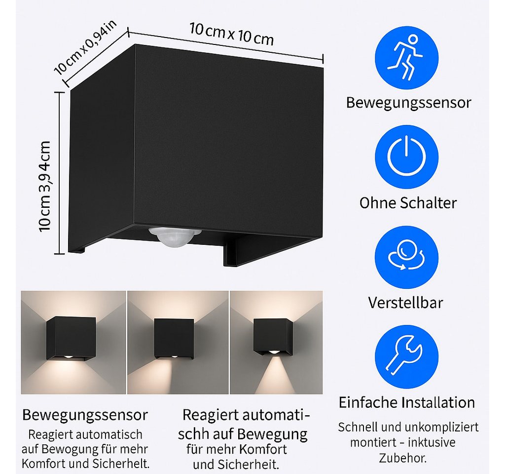 KUKAK LED Außen-Wandleuchte, LED fest integriert, Warmweiß, einstellbarer Lichtstrahl, Bewegungsmelder, 4000K – Bild 3 von 5