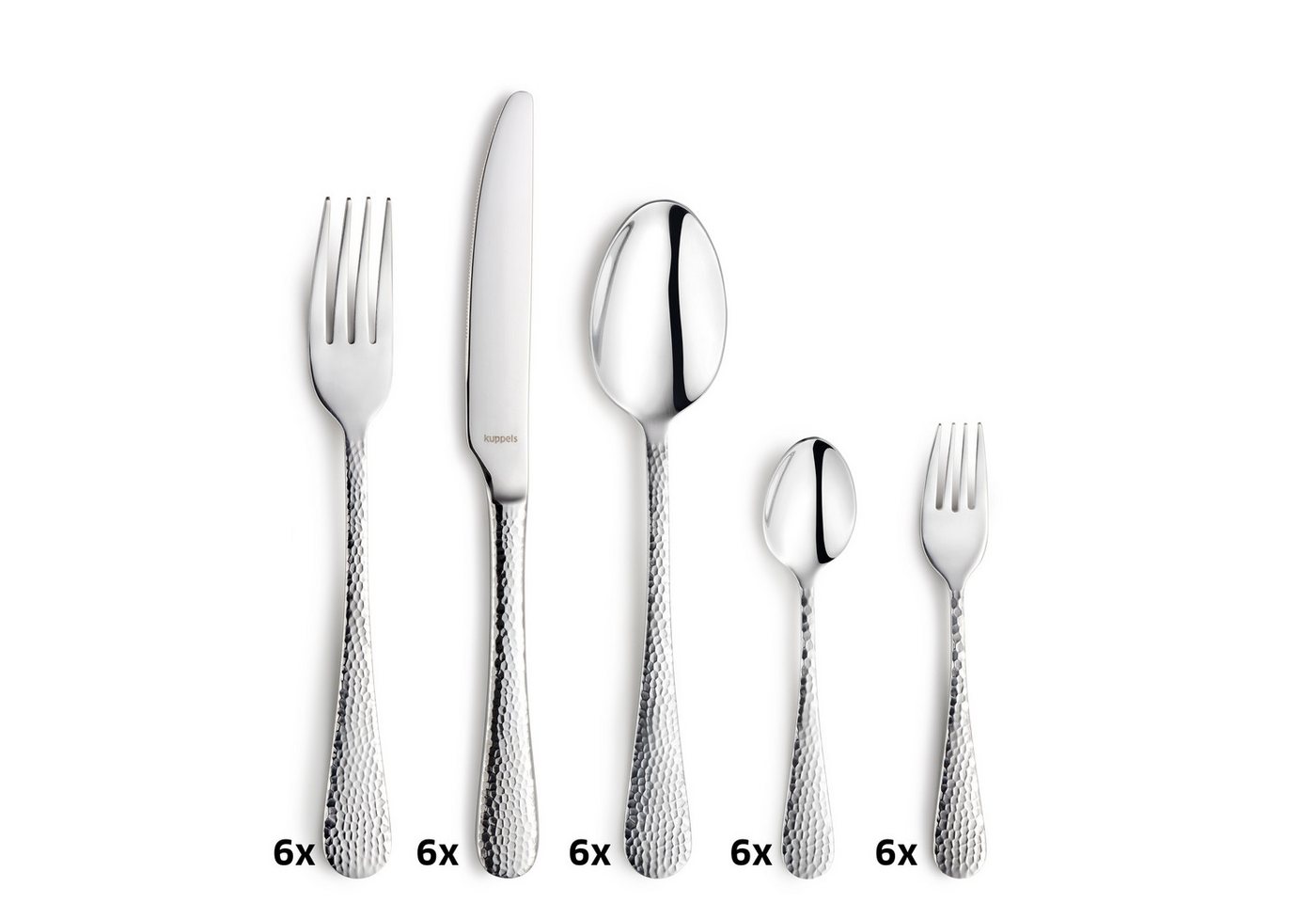 Kuppels Besteck-Set CRYSTAL (30-tlg), 6 Personen, Edelstahl Rostfrei 18/0, spülmaschinenfest, gehämmerte Oberfläche – Bild 4 von 5