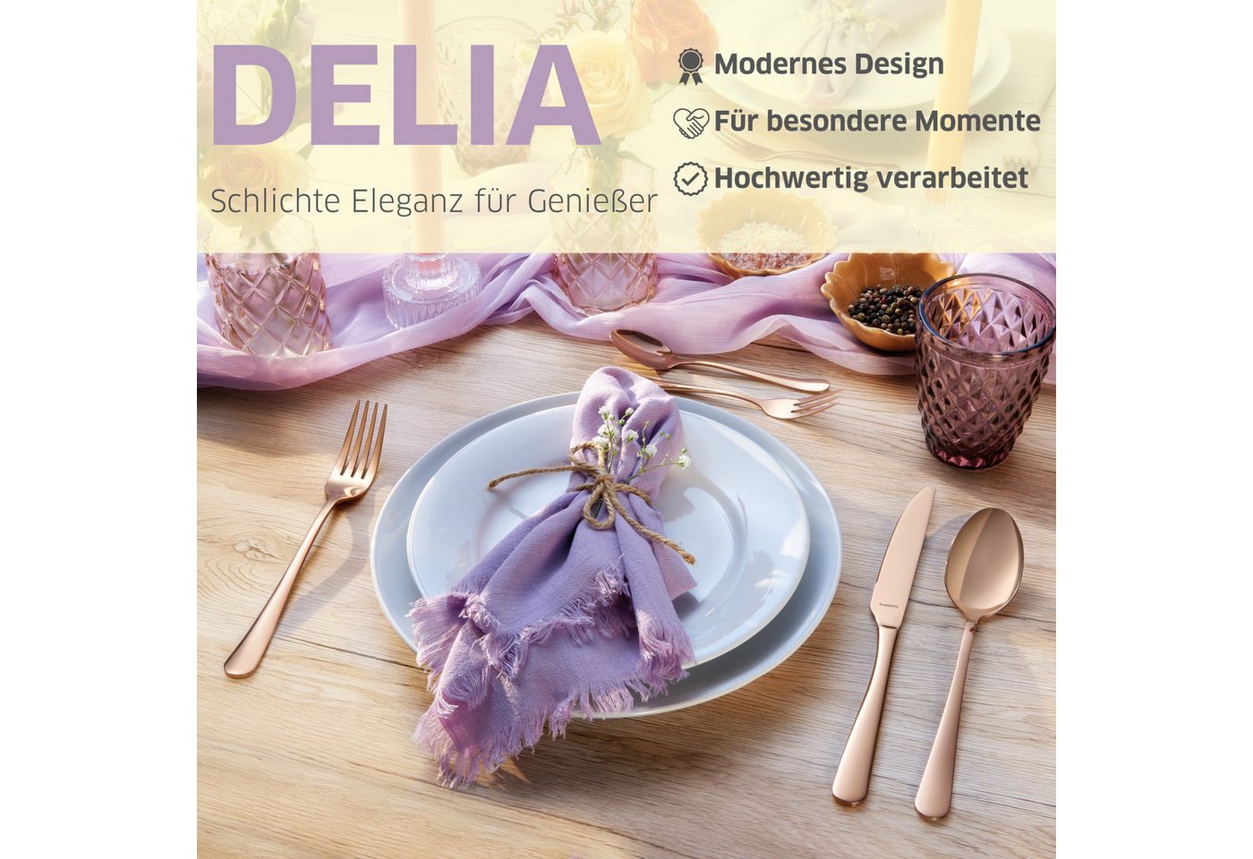 Kuppels Besteck-Set DELIA (30-tlg), 6 Personen, Edelstahl Rostfrei 18/0, Handreinigung empfohlen, roséfarbener PVD Veredelung, hochglanzpoliert – Bild 2 von 5