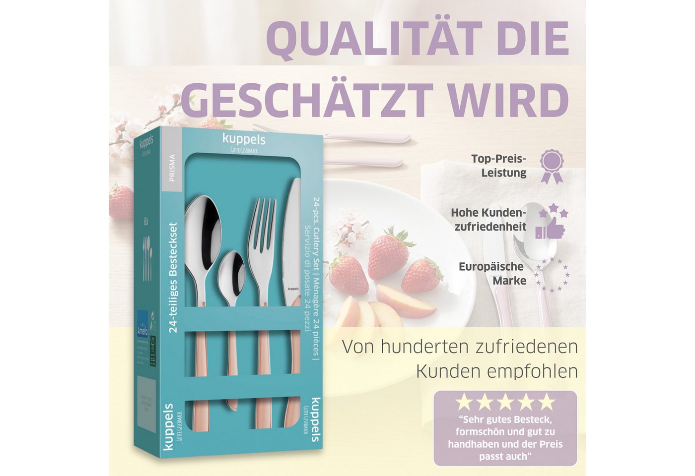 Kuppels Besteck-Set PRISMA (24-tlg), 6 Personen, Edelstahl Rostfrei 18/0, spülmaschinenfest, in apricot, hochglanzpoliert – Bild 4 von 5
