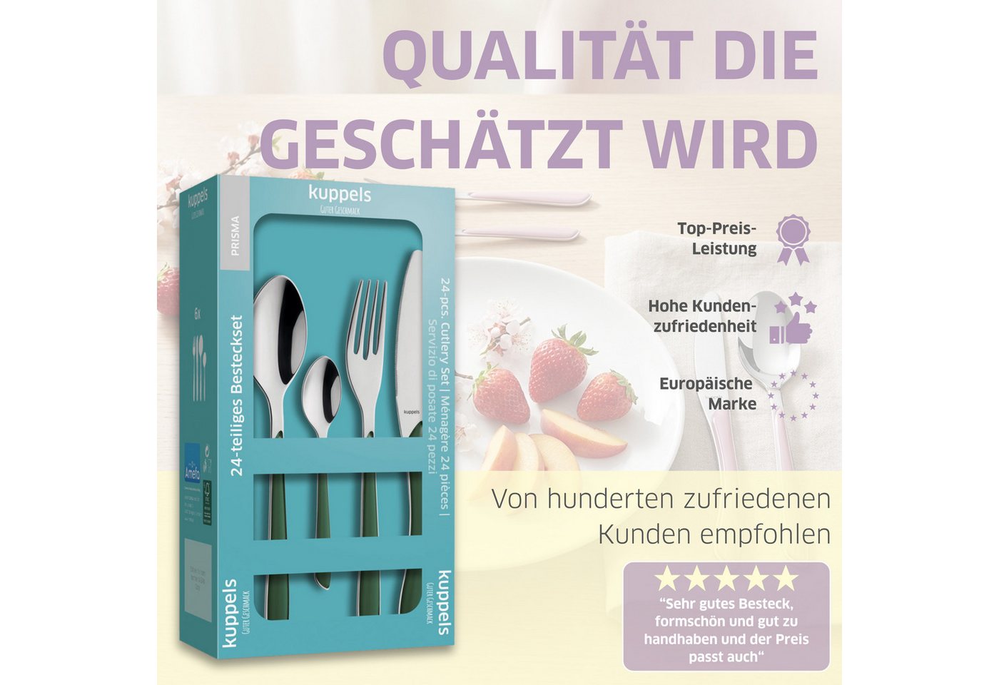 Kuppels Besteck-Set PRISMA (24-tlg), 6 Personen, Edelstahl Rostfrei 18/0, spülmaschinenfest, in tannengrün, mattiert – Bild 4 von 5