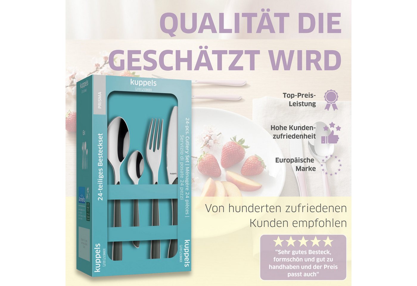 Kuppels Besteck-Set PRISMA (24-tlg), 6 Personen, Edelstahl Rostfrei 18/0, spülmaschinenfest, in dunkelgrau, hochglanzpoliert – Bild 4 von 5