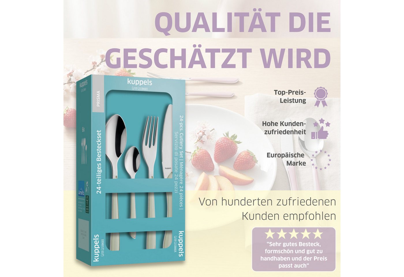 Kuppels Besteck-Set PRISMA (24-tlg), 6 Personen, Edelstahl Rostfrei 18/0, spülmaschinenfest, in hellgrau, hochglanzpoliert – Bild 4 von 5