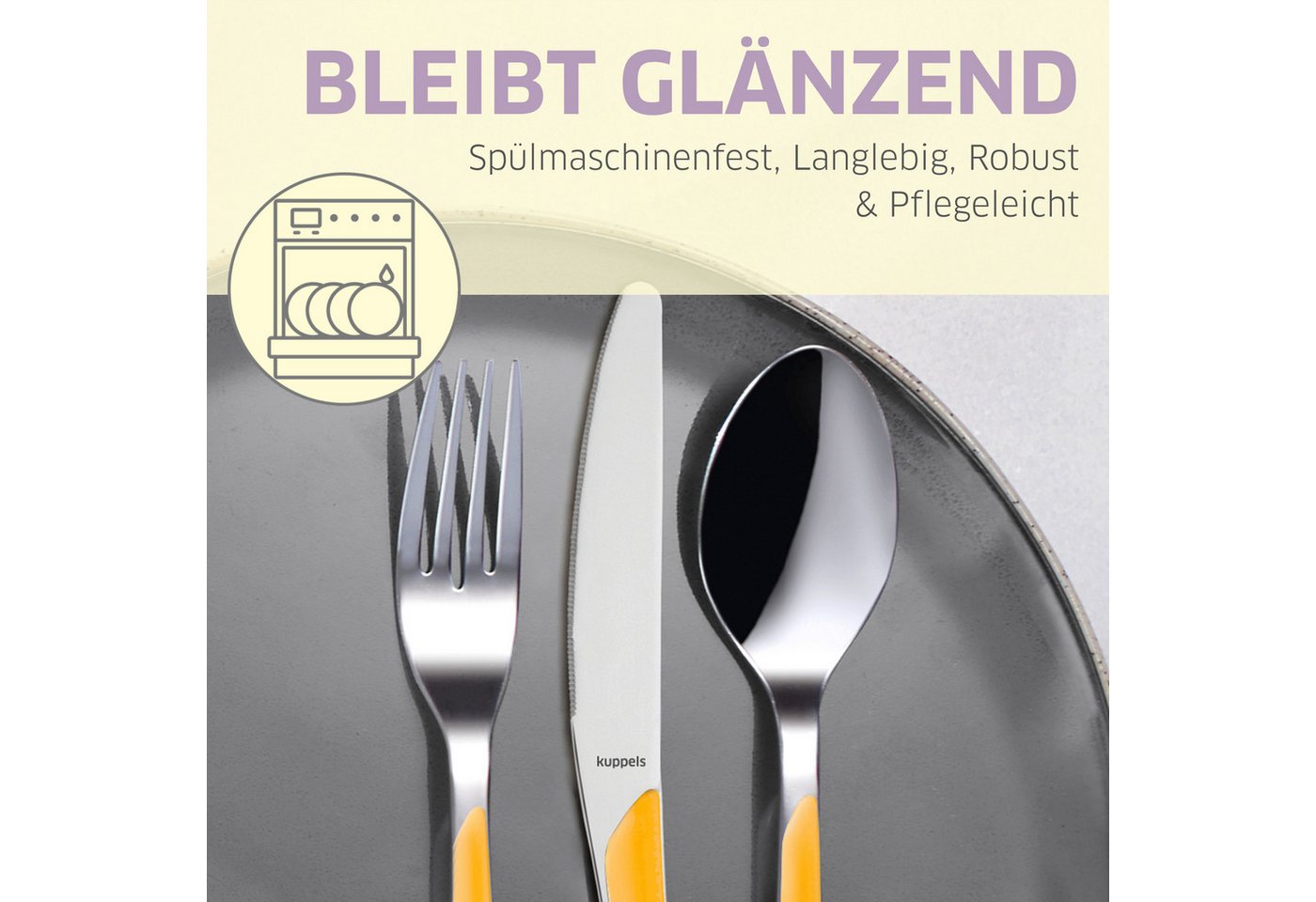 Kuppels Besteck-Set PRISMA (24-tlg), 6 Personen, Edelstahl Rostfrei 18/0, spülmaschinenfest, in senfgelb, mattiert – Bild 3 von 5