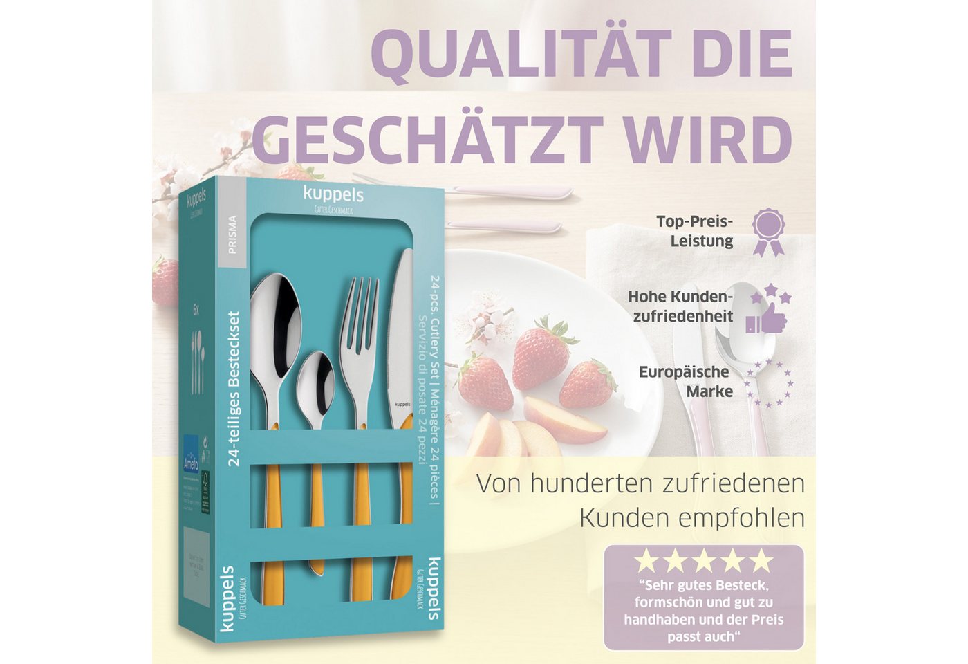 Kuppels Besteck-Set PRISMA (24-tlg), 6 Personen, Edelstahl Rostfrei 18/0, spülmaschinenfest, in senfgelb, mattiert – Bild 4 von 5