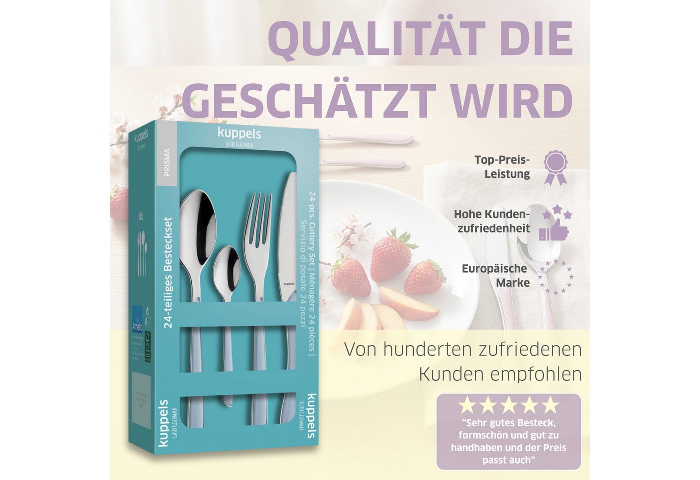 Kuppels Besteck-Set PRISMA (24-tlg), 6 Personen, Edelstahl Rostfrei 18/0, spülmaschinenfest, in himmelblau, mattiert – Bild 4 von 5