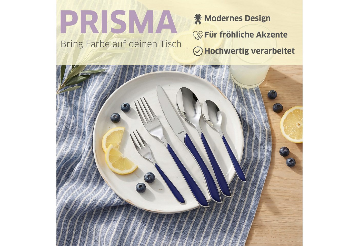 Kuppels Besteck-Set PRISMA (44-tlg), 6 Personen, Edelstahl Rostfrei 18/0, spülmaschinenfest, in indigoblau, mattiert – Bild 4 von 5