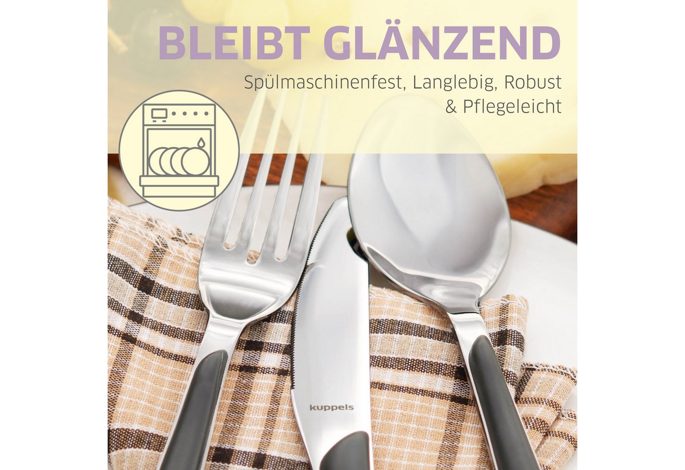 Kuppels Besteck-Set PRISMA (44-tlg), 6 Personen, Edelstahl Rostfrei 18/0, spülmaschinenfest, in schiefergrau, mattiert – Bild 3 von 5