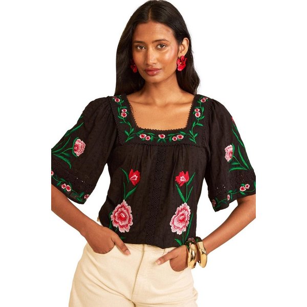 Love & Roses Kurzarmbluse Love & Roses bestickte Bluse mit Carrée-Ausschnitt (1-tlg)