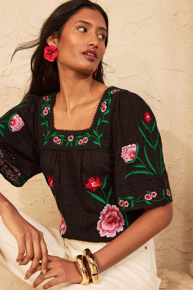 Love & Roses Kurzarmbluse Love & Roses bestickte Bluse mit Carrée-Ausschnitt (1-tlg) – Bild 2 von 4
