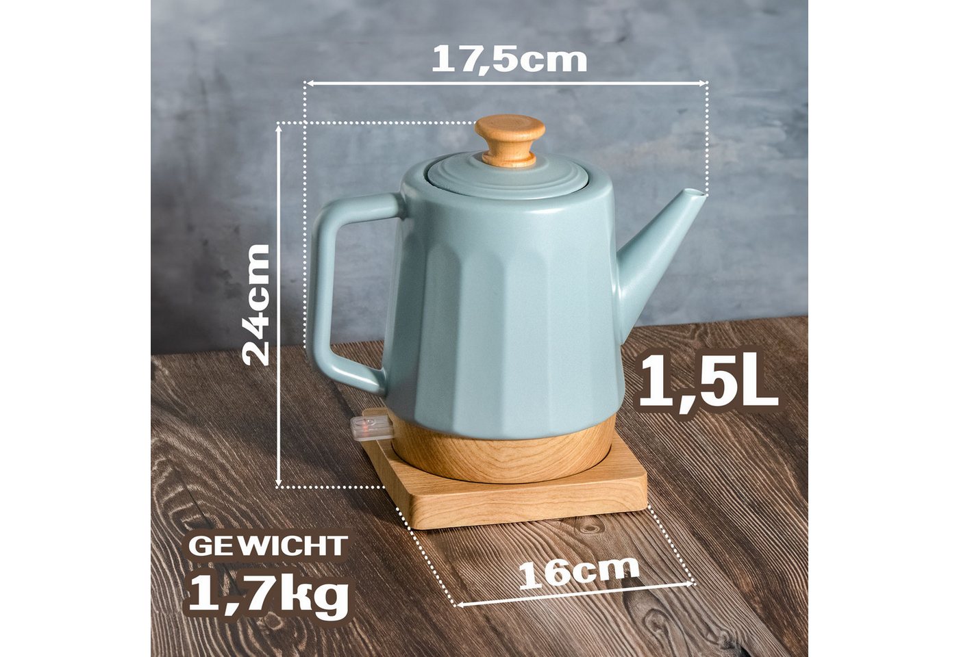 KVOTA Wasserkocher elektrisch, aus Keramik, 1,5 Liter, Grau-Blau "Harmonie" Teakettle., 1.5 l, 1500 W – Bild 3 von 5
