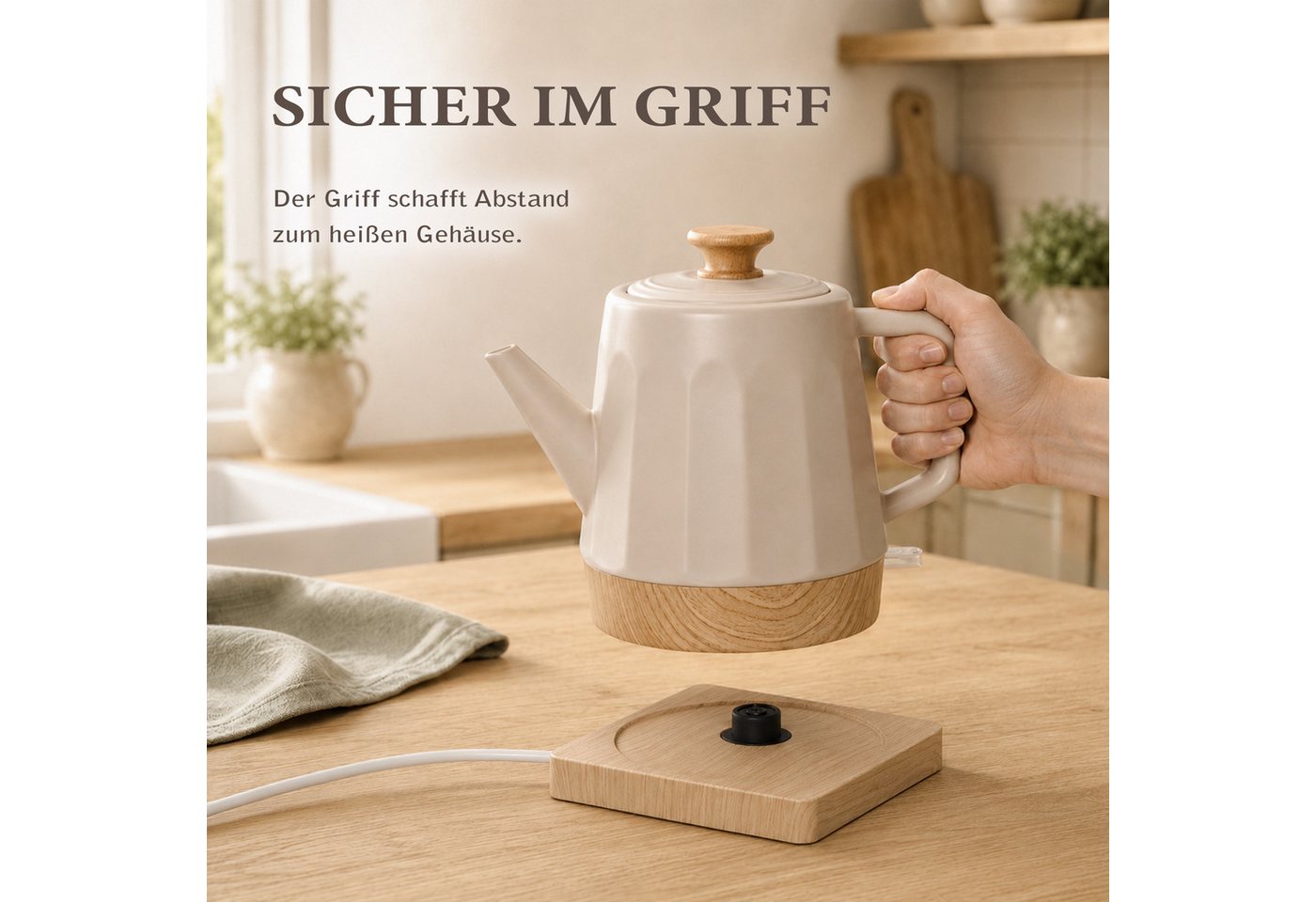 KVOTA Wasserkocher Harmonie, Keramik, 1,2 l, 1200 W, 360°-Basis, White Oak, Beige, 1.2 l, 1200 W, Keramikgehäuse, verdecktes Heizelement – Bild 2 von 5