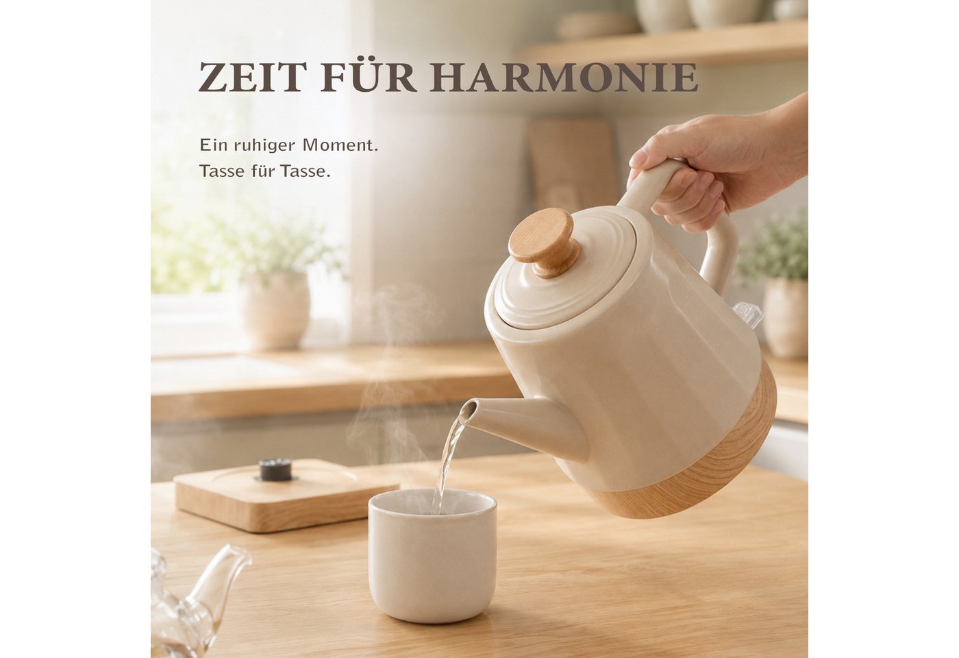 KVOTA Wasserkocher Harmonie, Keramik, 1,2 l, 1200 W, 360°-Basis, White Oak, Beige, 1.2 l, 1200 W, Keramikgehäuse, verdecktes Heizelement – Bild 3 von 5