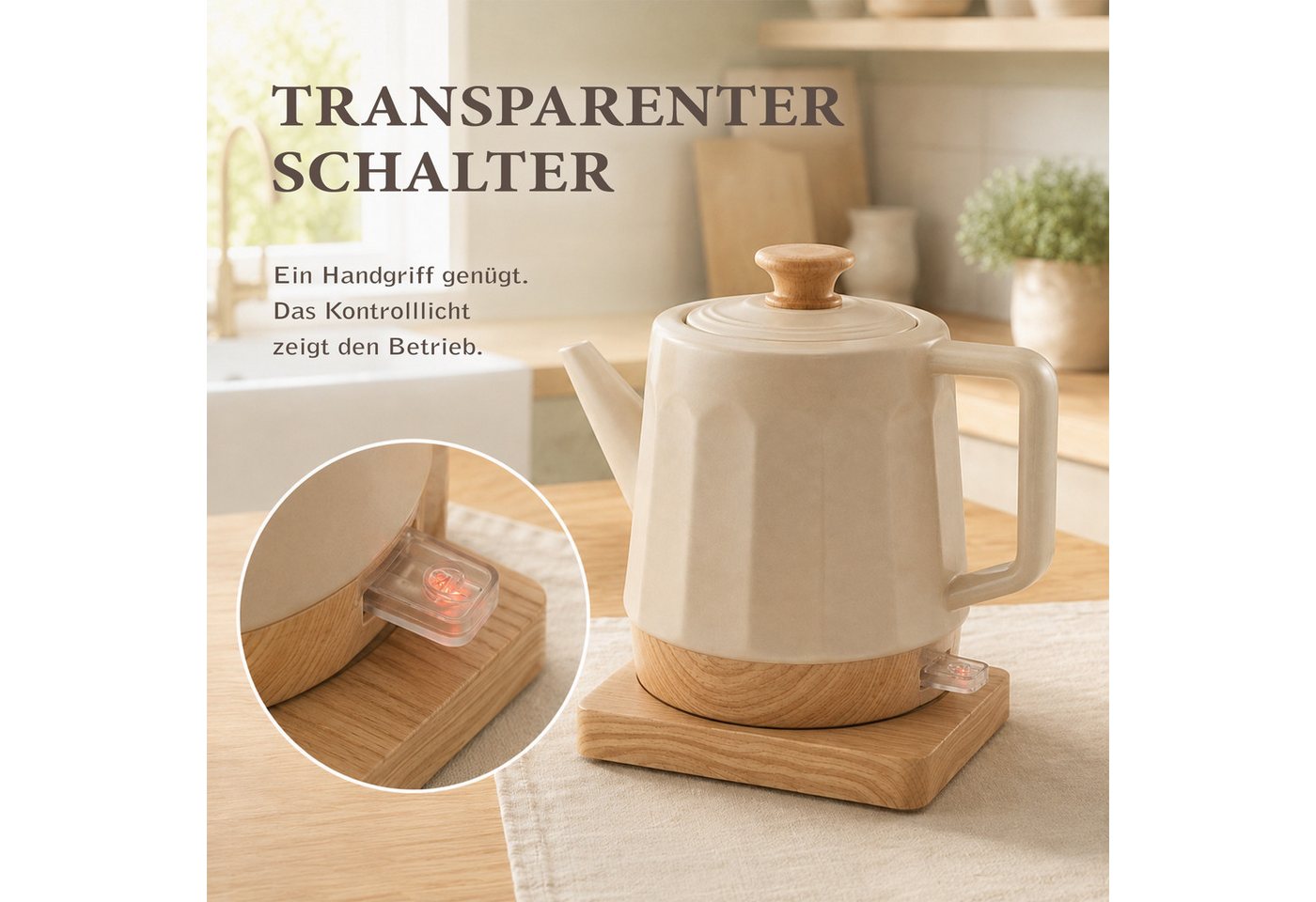 KVOTA Wasserkocher Harmonie, Keramik, 1,2 l, 1200 W, 360°-Basis, White Oak, Beige, 1.2 l, 1200 W, Keramikgehäuse, verdecktes Heizelement – Bild 4 von 5