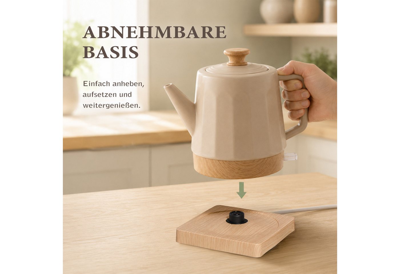 KVOTA Wasserkocher Harmonie, Keramik, 1,2 l, 1200 W, 360°-Basis, White Oak, Beige, 1.2 l, 1200 W, Keramikgehäuse, verdecktes Heizelement – Bild 5 von 5