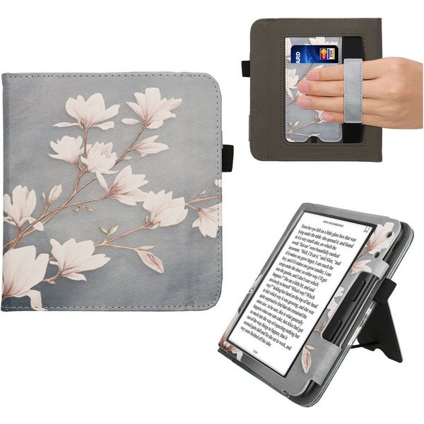 kwmobile E-Reader-Hülle Flip Schutzhülle für Kobo Kobo Libra Colour / Tolino Vision Color, Handschlaufe - Cover Magnolien Design