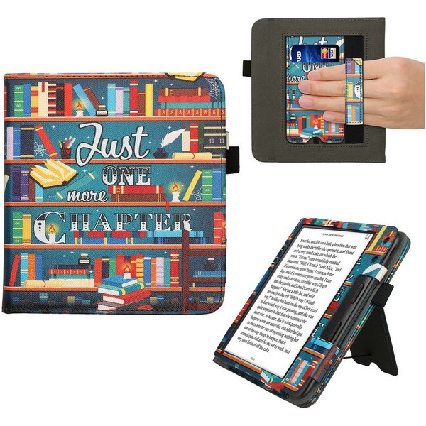 kwmobile E-Reader-Hülle Flip Schutzhülle für Kobo Kobo Libra Colour / Tolino Vision Color, Handschlaufe - Cover Bibliothek Motto Design