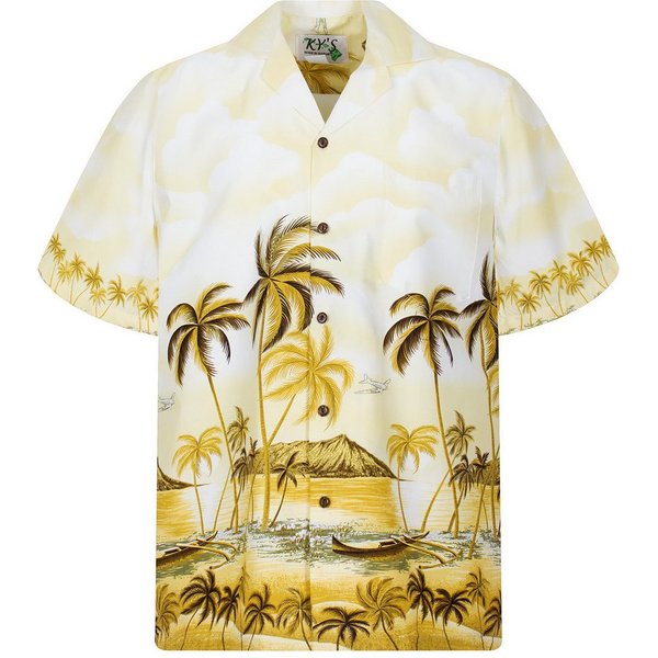 KY's Hawaiihemd "Palmbeach" Herren Kurzarm Baumwolle Kokosknöpfe Original Hawaii