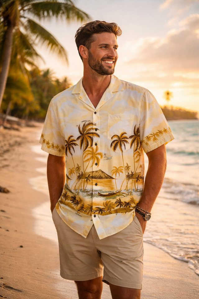 KY's Hawaiihemd "Palmbeach" Herren Kurzarm Baumwolle Kokosknöpfe Original Hawaii – Bild 2 von 5